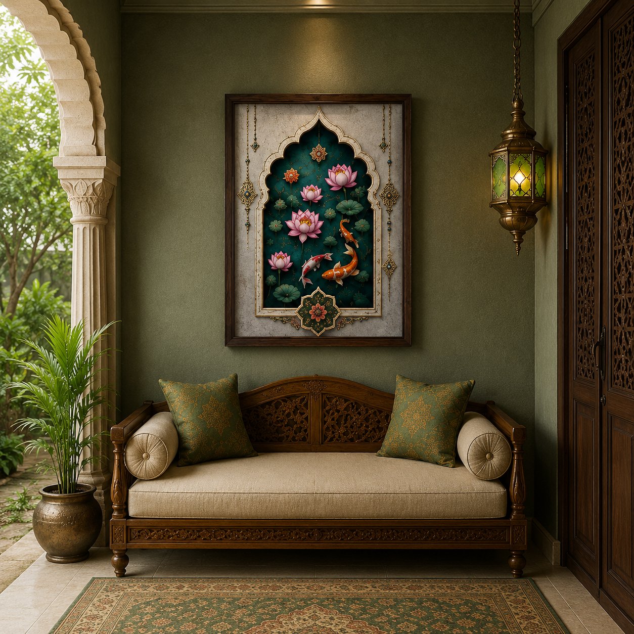 Luxury Mughal Arch Koi Fish Canvas Art – Premium Silver Metallic Lotus Pond Print - Image 4
