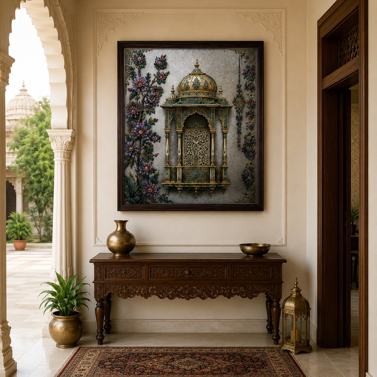 Luxury Ornate Mughal Window Canvas Art – Premium Silver Metallic Jharokha Print