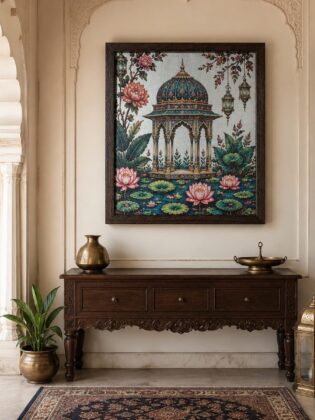 Luxury Mughal Pavilion Canvas Art – Premium Silver Metallic Lotus Garden Print