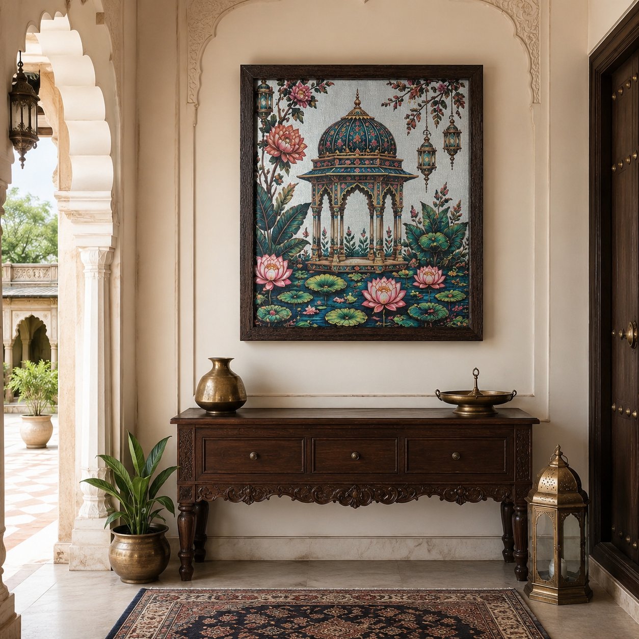 Luxury Mughal Pavilion Canvas Art – Premium Silver Metallic Lotus Garden Print - Image 4