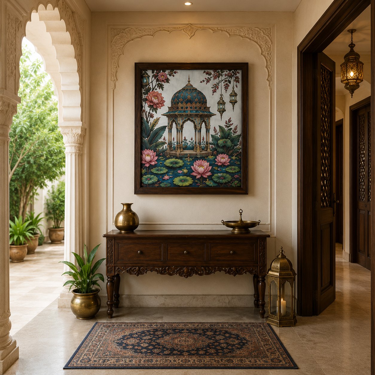 Luxury Mughal Pavilion Canvas Art – Premium Silver Metallic Lotus Garden Print