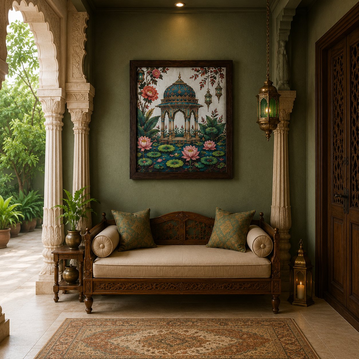 Luxury Mughal Pavilion Canvas Art – Premium Silver Metallic Lotus Garden Print - Image 2