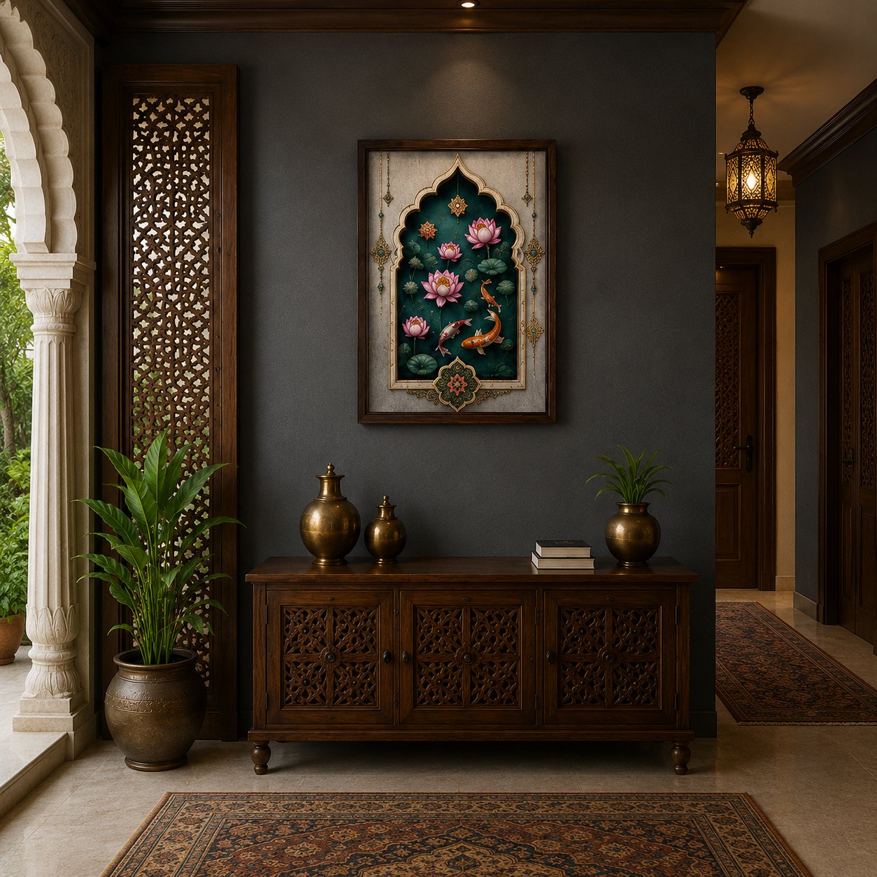 Luxury Mughal Arch Koi Fish Canvas Art – Premium Silver Metallic Lotus Pond Print - Image 3