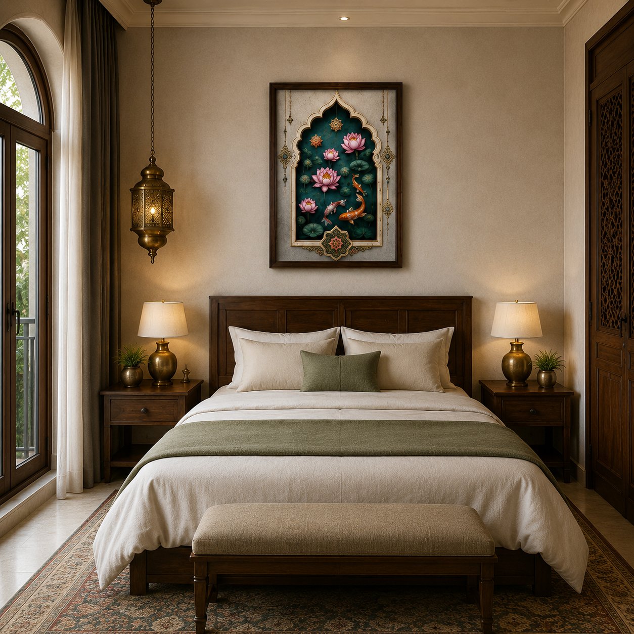 Luxury Mughal Arch Koi Fish Canvas Art – Premium Silver Metallic Lotus Pond Print