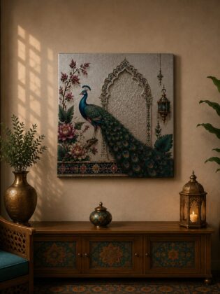 Luxury Royal Peacock Canvas Art – Premium Silver Metallic Mughal Arch Print