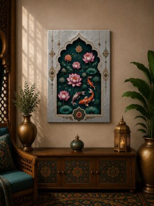 Luxury Mughal Arch Koi Fish Canvas Art – Premium Silver Metallic Lotus Pond Print