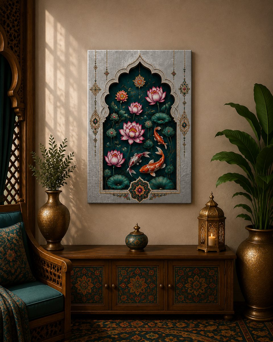 Luxury Mughal Arch Koi Fish Canvas Art – Premium Silver Metallic Lotus Pond Print