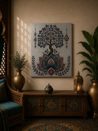Luxury Tree of Life Canvas Art – Premium Silver Metallic Lotus Base Print