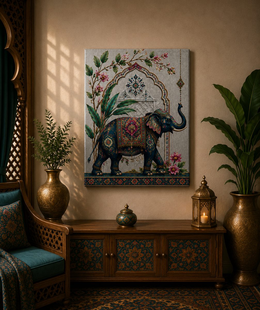 Luxury Royal Elephant Canvas Art – Premium Silver Metallic Mughal Arch Print - Image 2