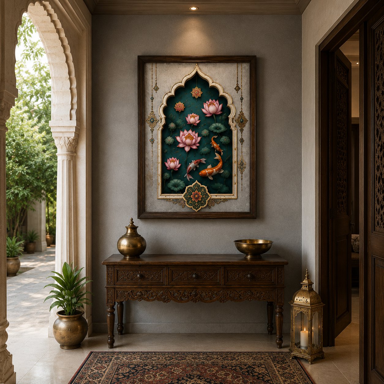 Luxury Mughal Arch Koi Fish Canvas Art – Premium Silver Metallic Lotus Pond Print - Image 2