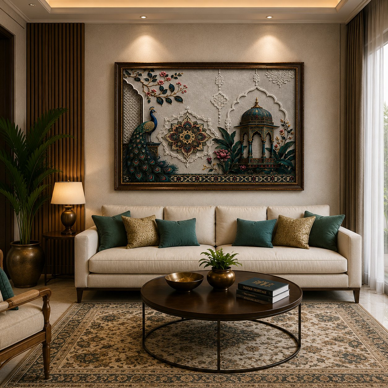 Luxury Mughal Garden Pavilion Canvas Art – Premium Silver Metallic Peacock Print