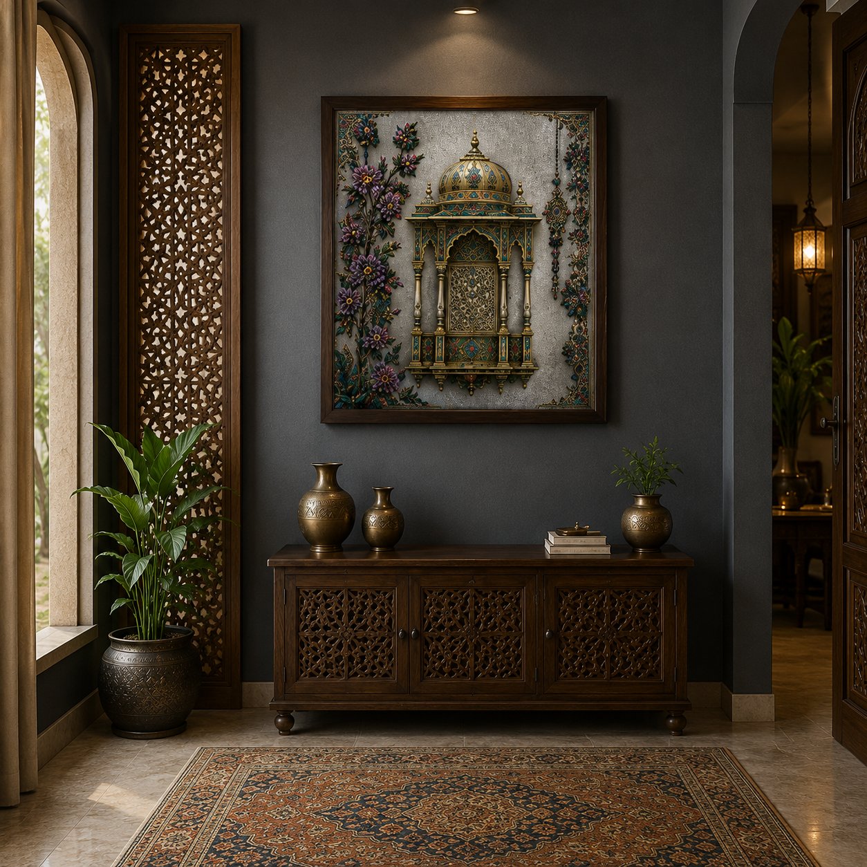 Luxury Ornate Mughal Window Canvas Art – Premium Silver Metallic Jharokha Print - Image 2
