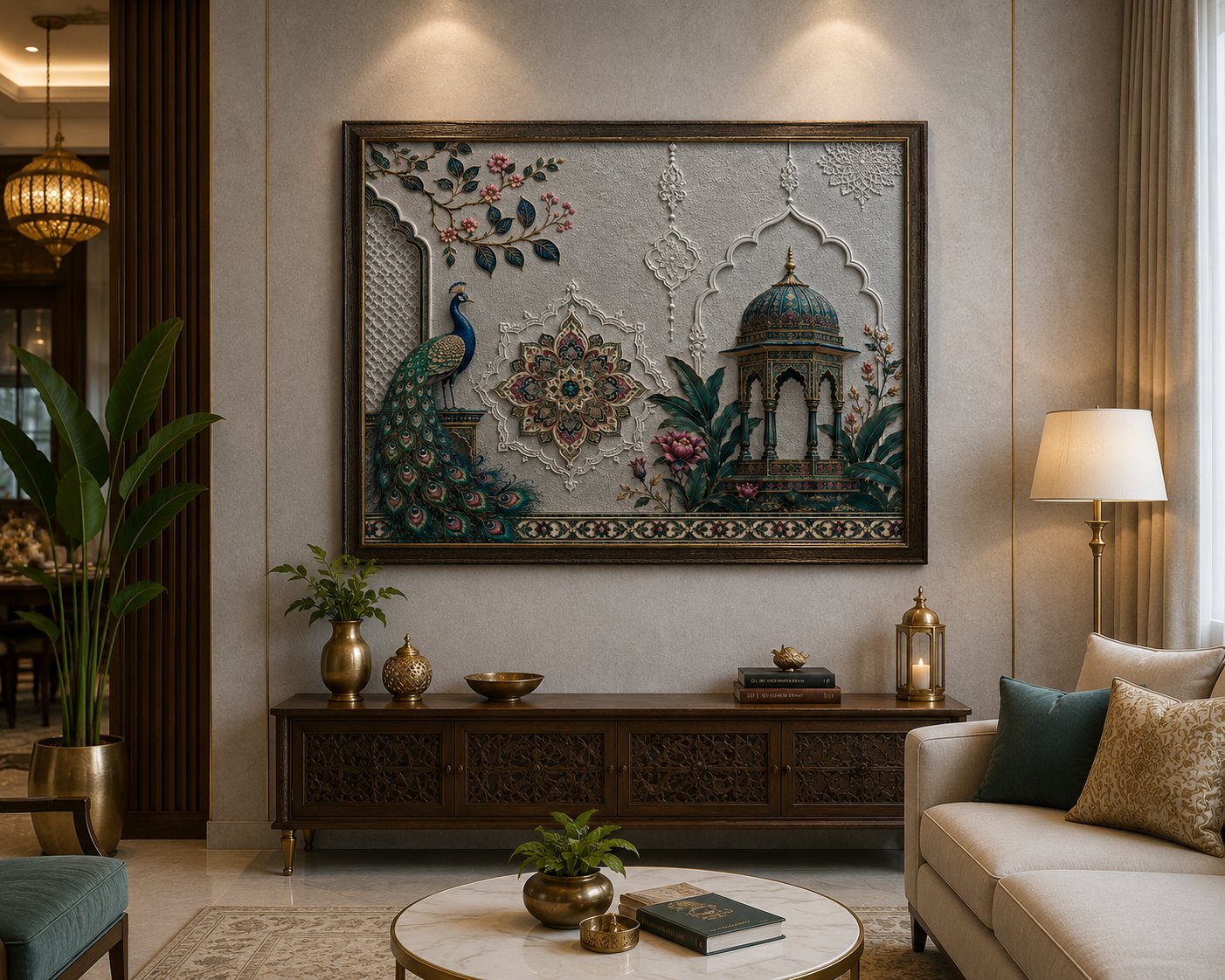 Luxury Mughal Garden Pavilion Canvas Art – Premium Silver Metallic Peacock Print - Image 3