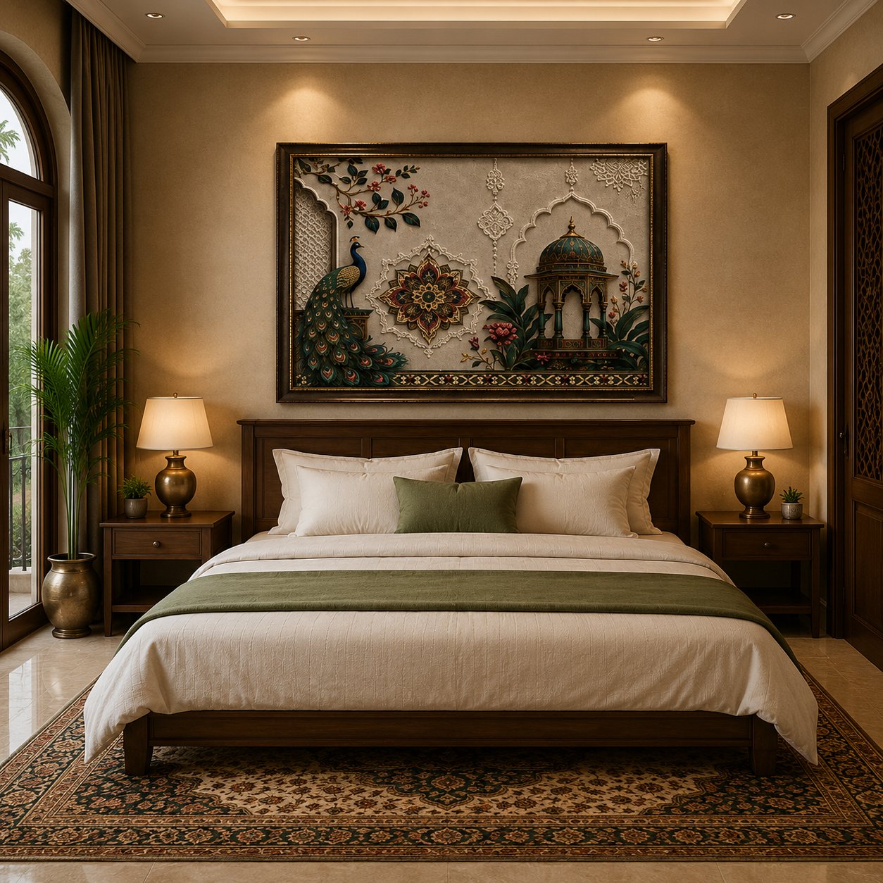 Luxury Mughal Garden Pavilion Canvas Art – Premium Silver Metallic Peacock Print - Image 2