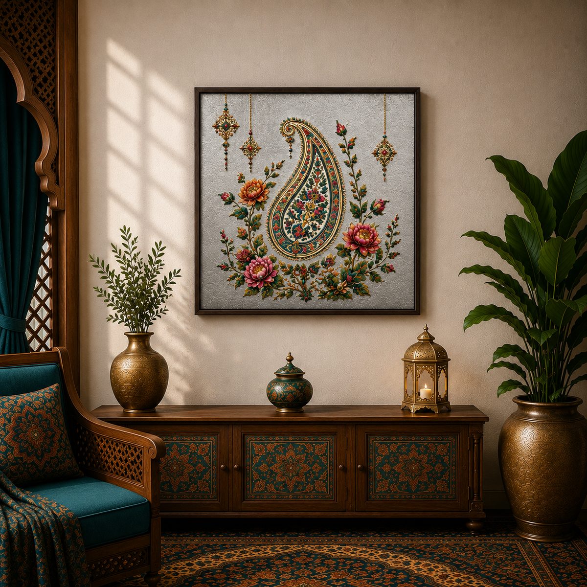 Luxury Ornate Paisley Canvas Art – Premium Silver Metallic Persian Buta Print - Image 3