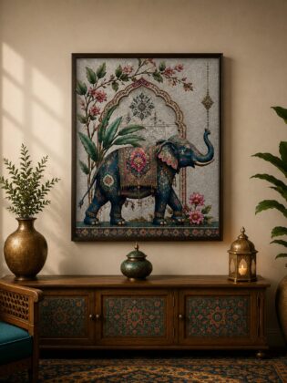 Luxury Royal Elephant Canvas Art – Premium Silver Metallic Mughal Arch Print