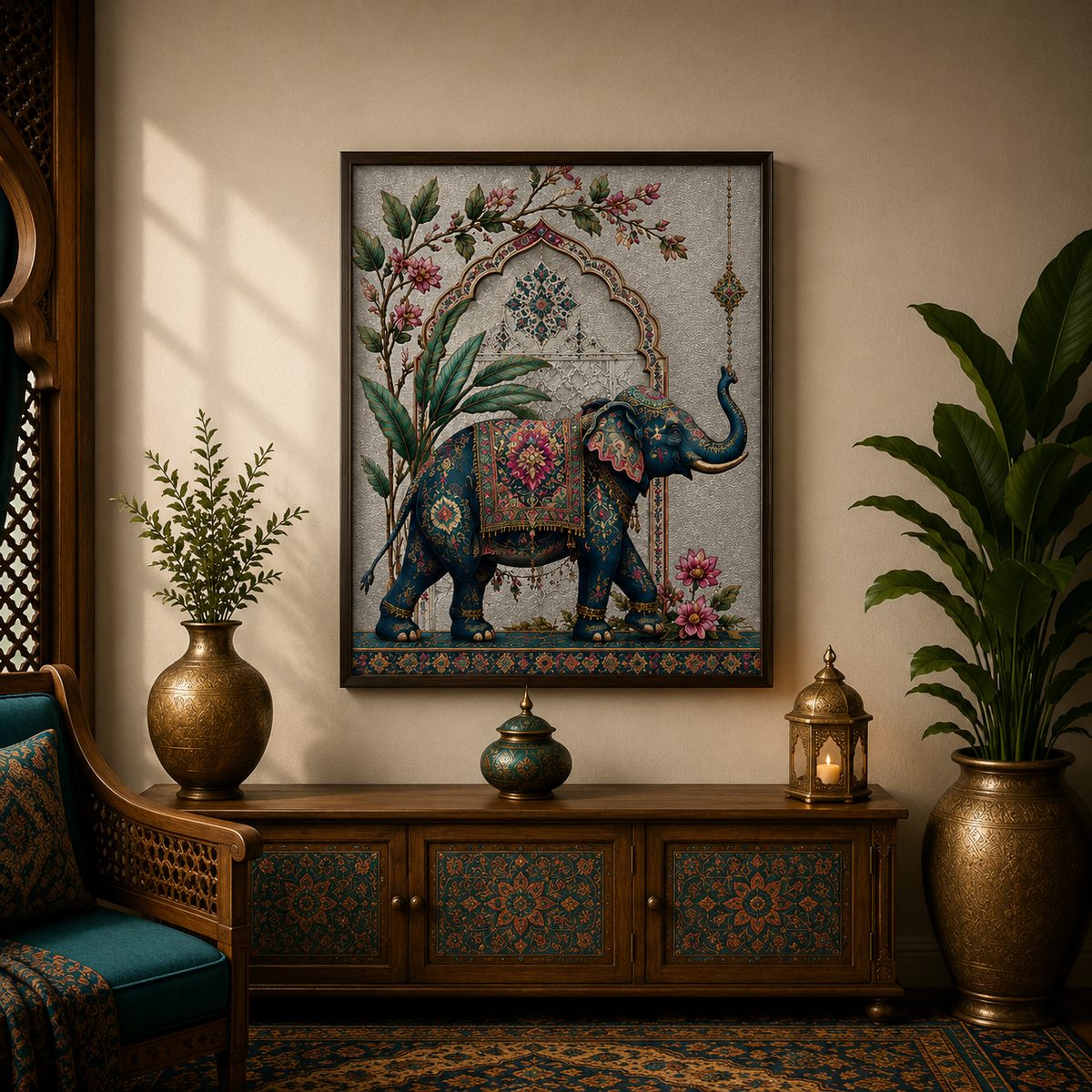 Luxury Royal Elephant Canvas Art – Premium Silver Metallic Mughal Arch Print