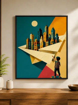 Retro Paper Airplane City Canvas Print - Surreal Cityscape & Paper Plane Wall Art