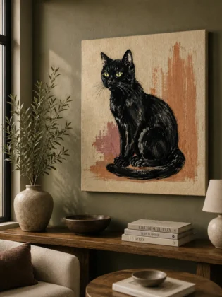 Midnight Familiar Black Cat Canvas Art – Terracotta & Ink