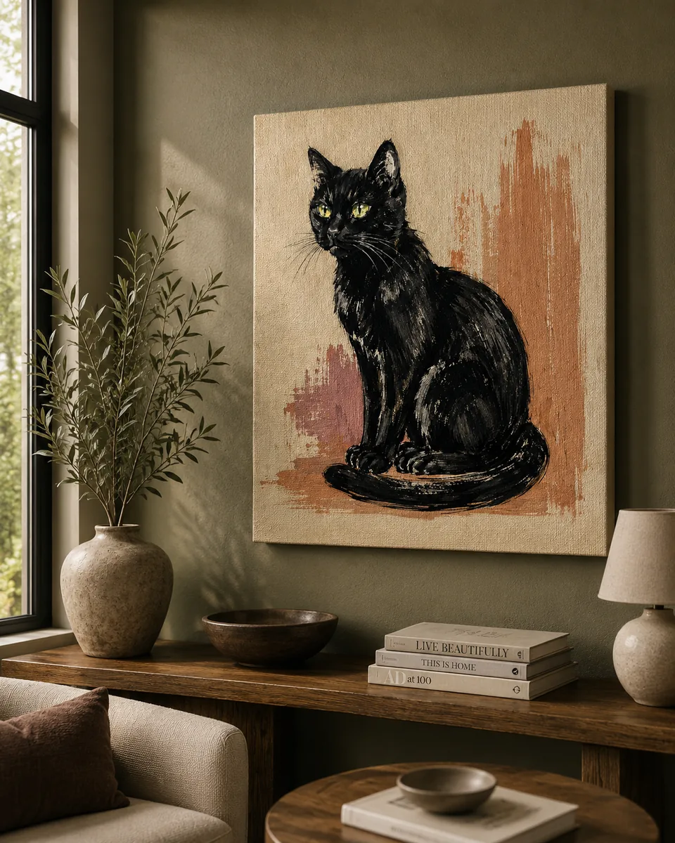 Midnight Familiar Black Cat Canvas Art – Terracotta & Ink