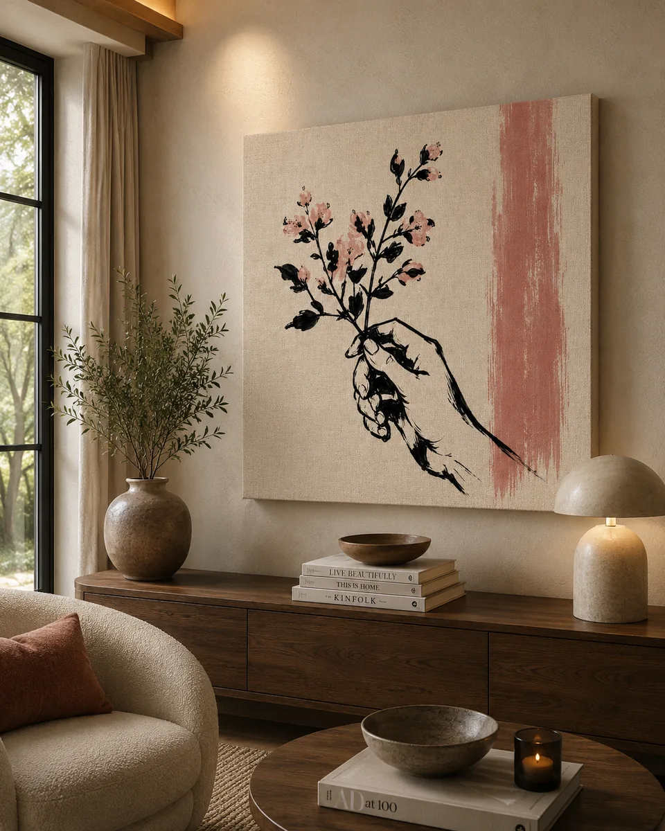 Minimalist Hand & Cherry Blossom Canvas Art – Organic Modern Print