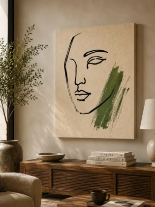 Earthy Sage Abstract Face Canvas Art – Minimalist Line Illustration