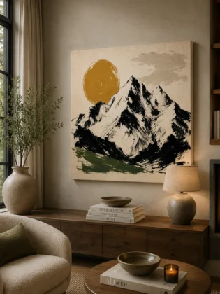 Minimalist Mountain & Golden Sun Canvas Art – Modern Brushstroke Landscape