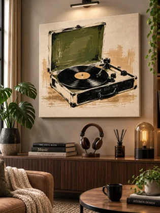 Vintage Record Player Canvas Print – Retro Vinyl Turntable Brushstroke Art