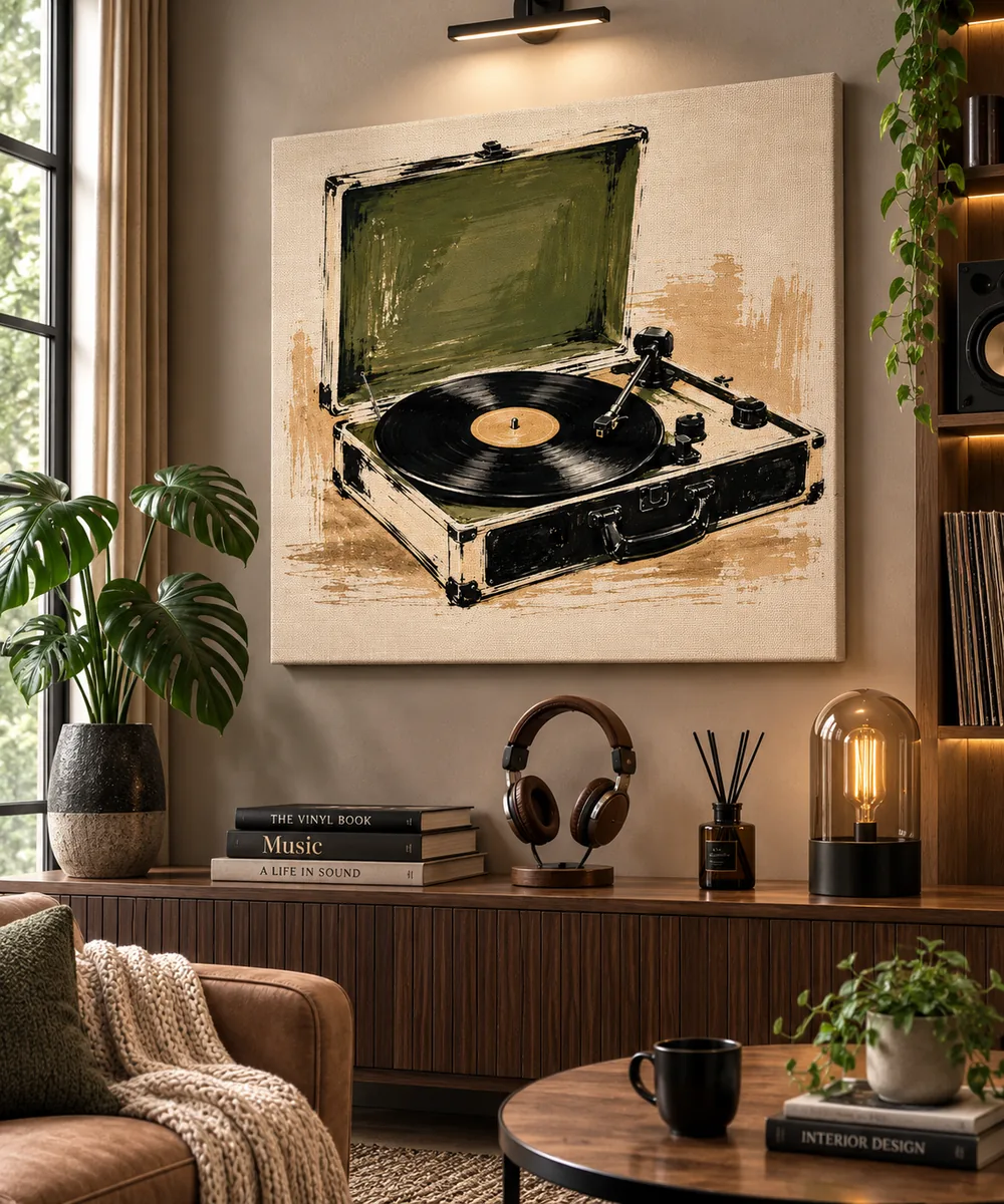 Vintage Record Player Canvas Print – Retro Vinyl Turntable Brushstroke Art
