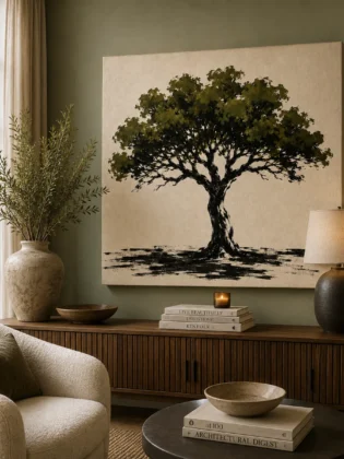 Minimalist Oak Tree Canvas Art – Modern Zen Brushstroke Landscape Print