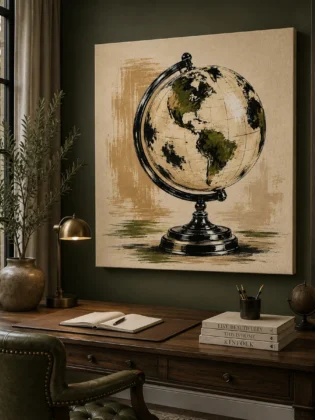 Vintage Globe & Map Canvas Print – Modern Retro Brushstroke Art