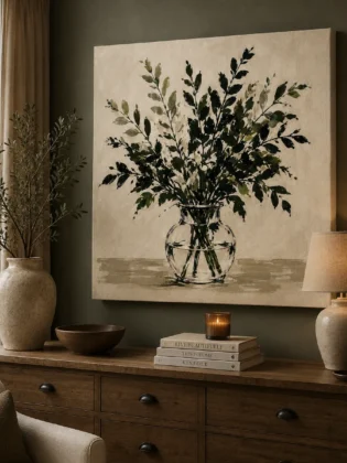 Botanical Branches in Glass Vase Art – Modern Olive Green Brushstroke Print