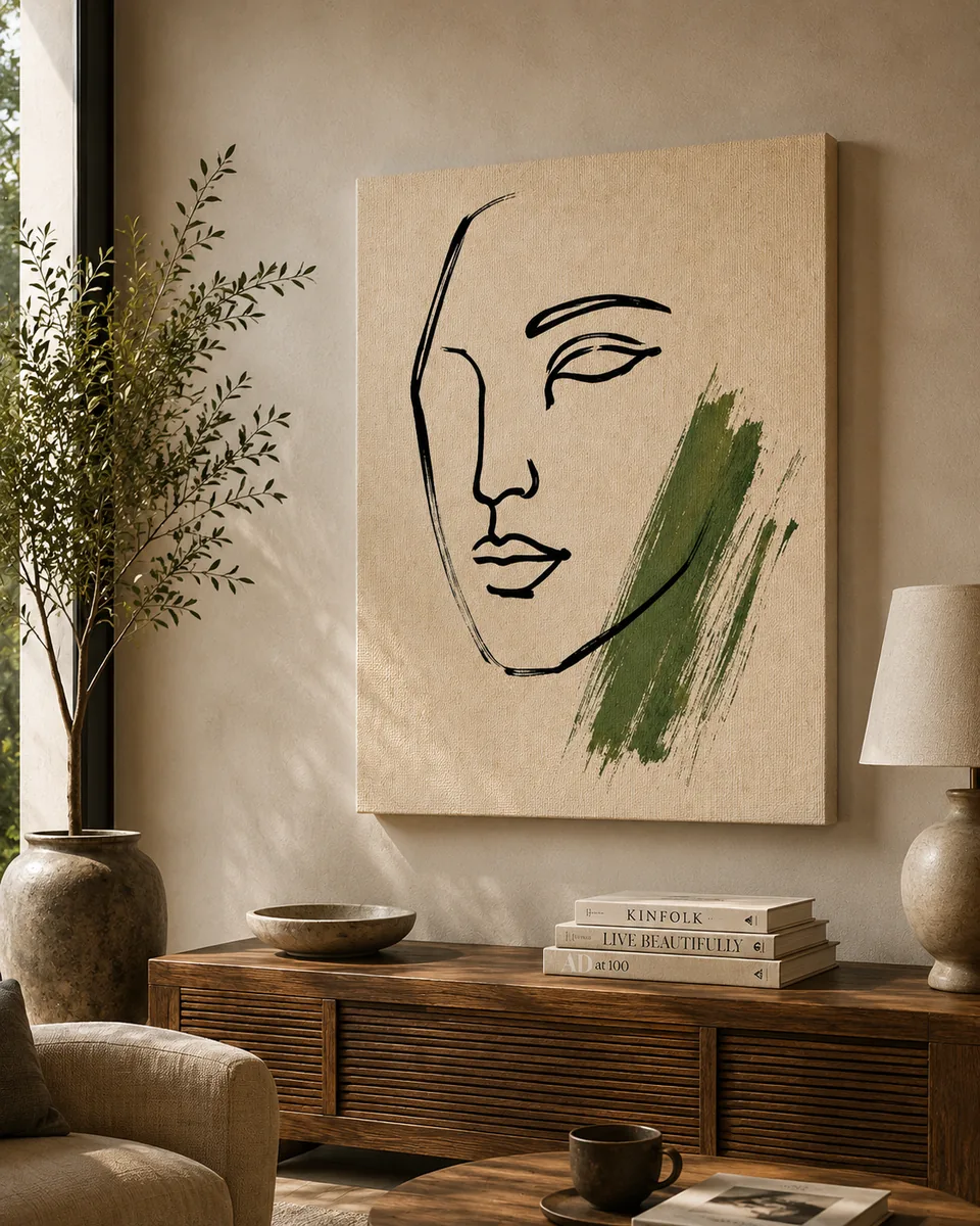 Earthy Sage Abstract Face Canvas Art – Minimalist Line Illustration