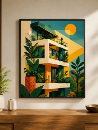 Retro Tropical Balcony Canvas Print - Mid-Century Modern Apartment Architecture Wall Art