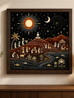 Warli Celestial Meditating Figure & Night Landscape Canvas Print - Traditional Indian Tribal Wall Art