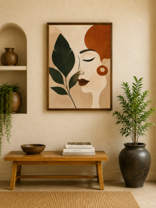 Abstract Minimalist Woman & Leaves Canvas Print - Terracotta & Green Boho Wall Art