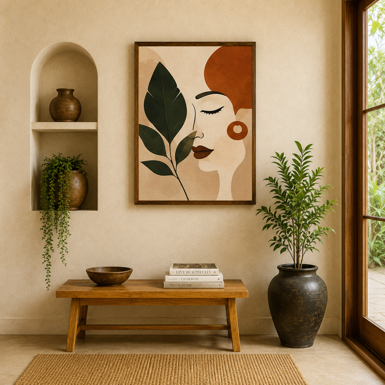 Abstract Minimalist Woman & Leaves Canvas Print - Terracotta & Green Boho Wall Art