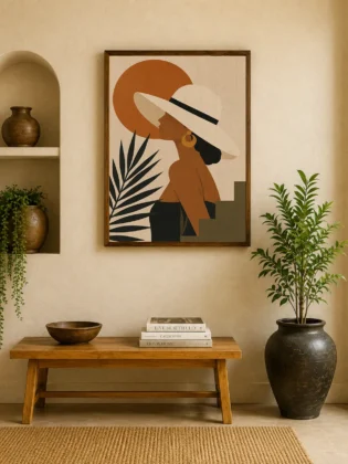 Minimalist Woman in Sun Hat Canvas Print - Terracotta Sun & Palm Leaf Boho Wall Art