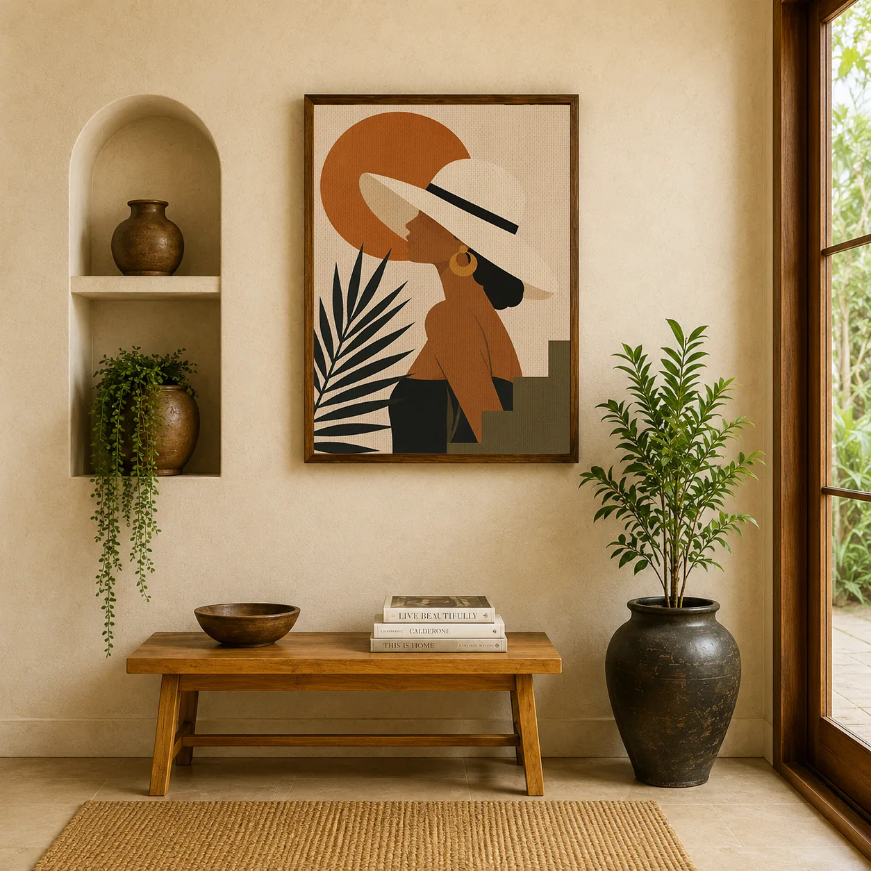 Minimalist Woman in Sun Hat Canvas Print - Terracotta Sun & Palm Leaf Boho Wall Art