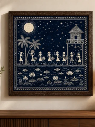 Warli Midnight Musical Procession & Starlit Lotus Pond Canvas Print - Traditional Indian Tribal Wall Art
