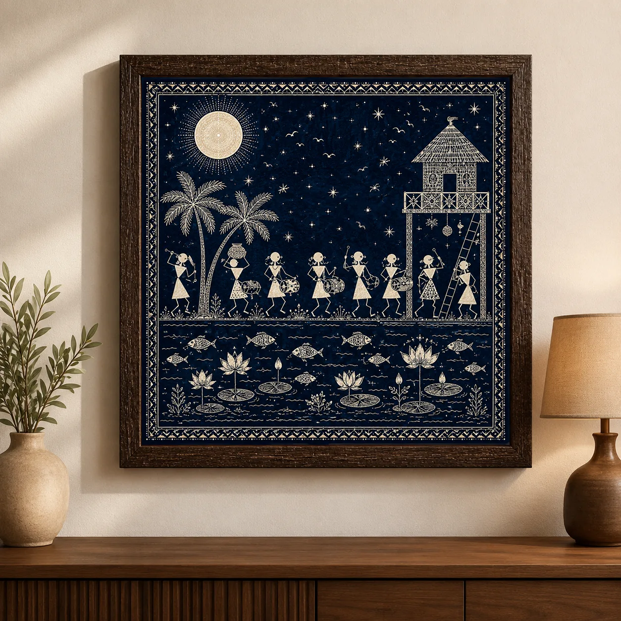 Warli Midnight Musical Procession & Starlit Lotus Pond Canvas Print - Traditional Indian Tribal Wall Art