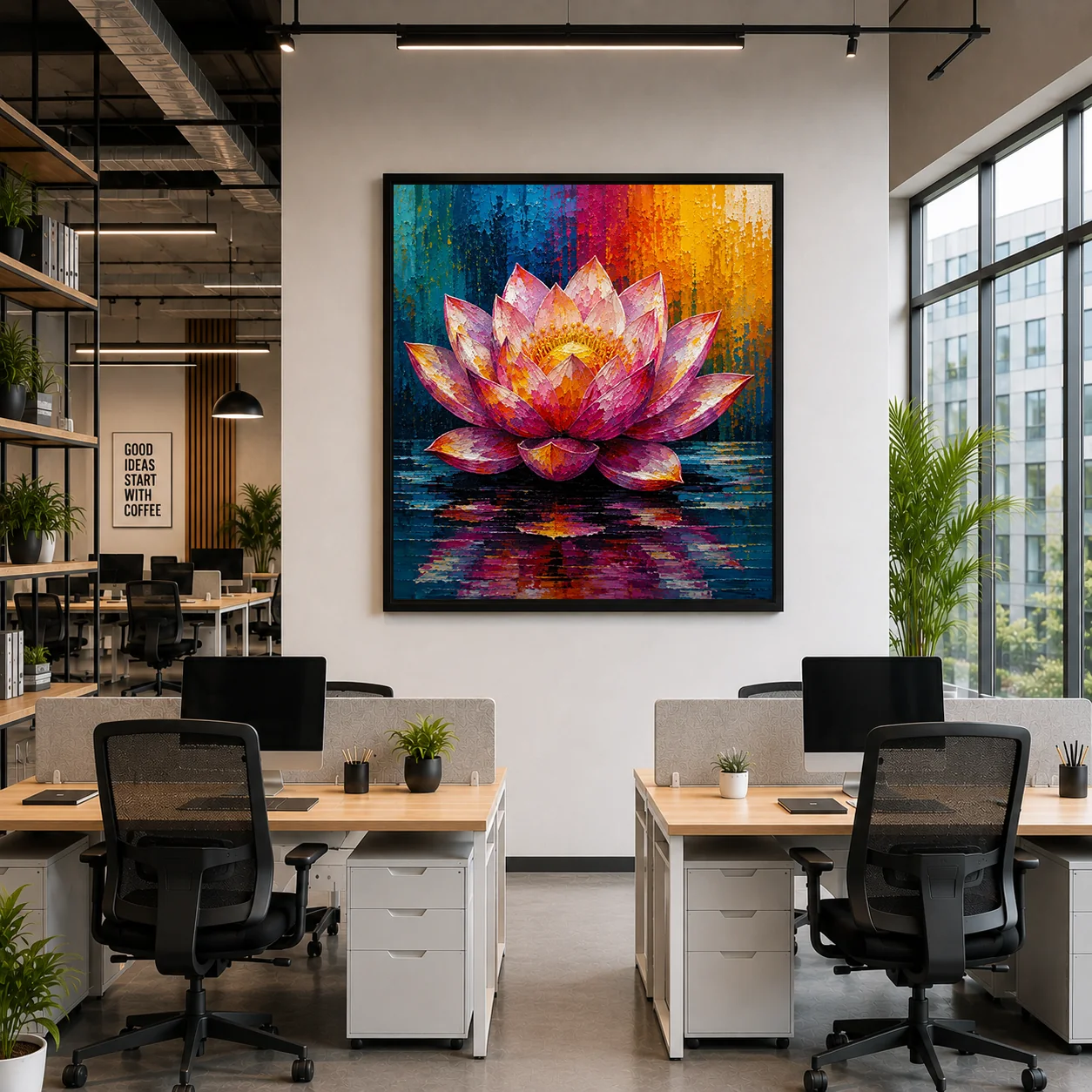 Blooming Lotus Flower Color Maximal Canvas Print - Retro Impasto Botanical Wall Art