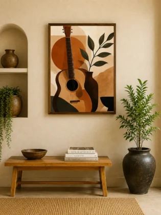 Minimalist Acoustic Guitar Canvas Print - Terracotta & Olive Green Abstract Still Life Wall Art