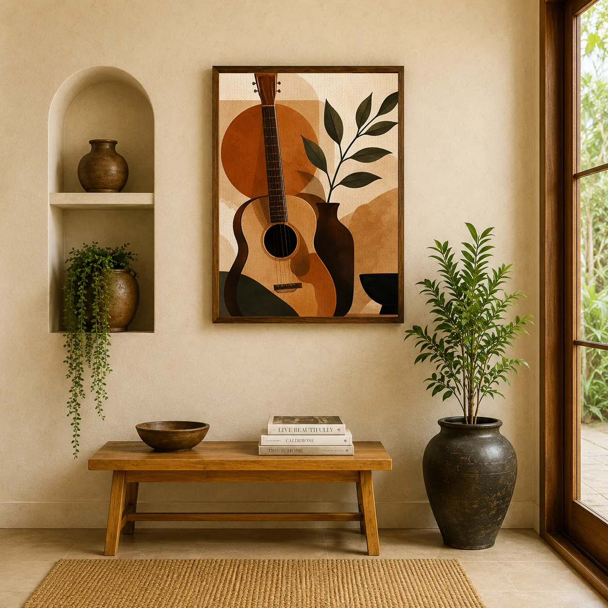 Minimalist Acoustic Guitar Canvas Print - Terracotta & Olive Green Abstract Still Life Wall Art