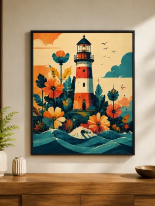 Retro Floral Lighthouse Canvas Print - Vintage Coastal Ocean Waves Wall Art