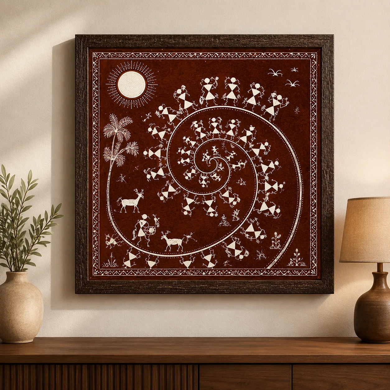 Warli Spiral Tarpa Dance Canvas Print - Traditional Indian Tribal Wall Art