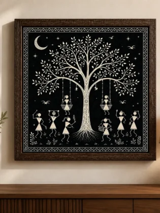Warli Tree of Life & Swing Celebration Canvas Print - Traditional Indian Tribal Wall Art