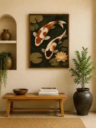 Japanese Koi Fish & Water Lily Canvas Print - Terracotta & Ochre Pond Boho Wall Art