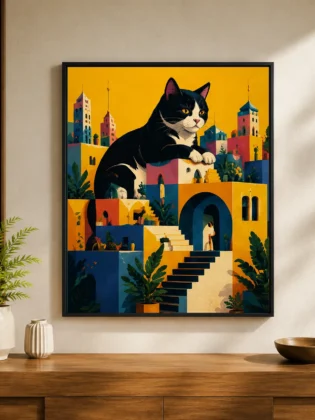 Retro Giant Tuxedo Cat Canvas Print - Whimsical Mediterranean City Wall Art