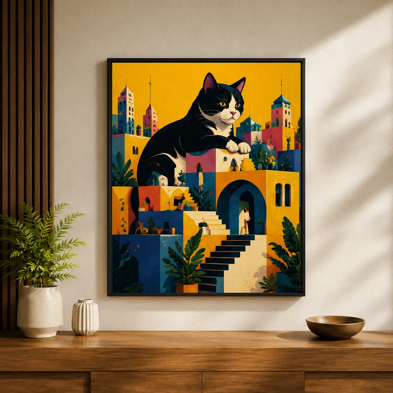 Retro Giant Tuxedo Cat Canvas Print - Whimsical Mediterranean City Wall Art